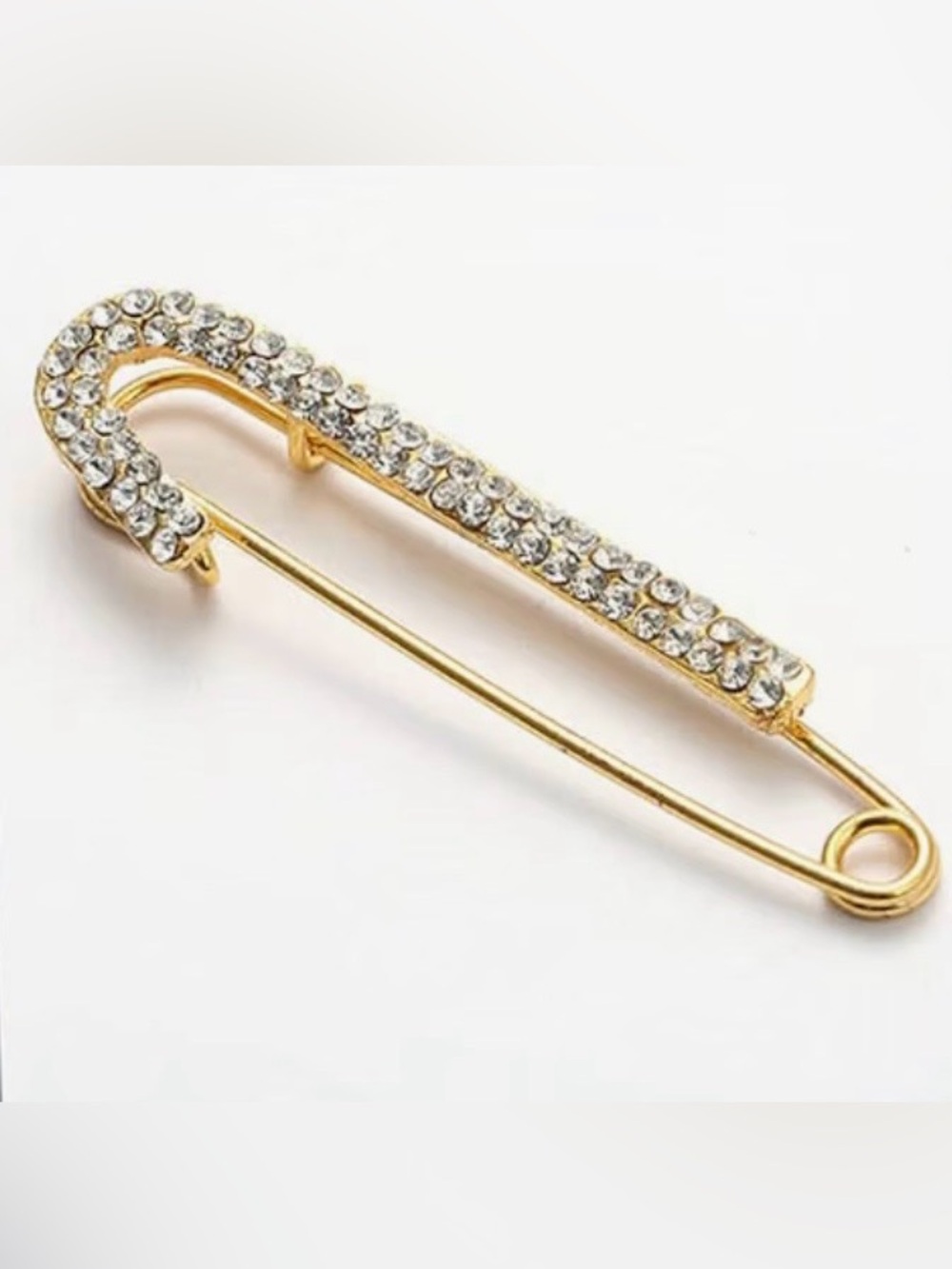 Oversized Safety Pin Brooch with Clear Crystals & Gold-Tone, 3”L x 0.75”W, NIP